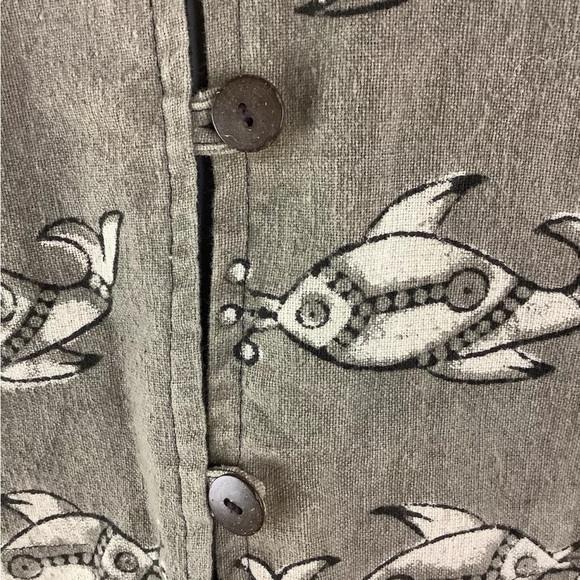 Sam Hilu Sz M Wearable Art Fish Print Jacket Brown 100% Cotton Button Front - Picture 3 of 7